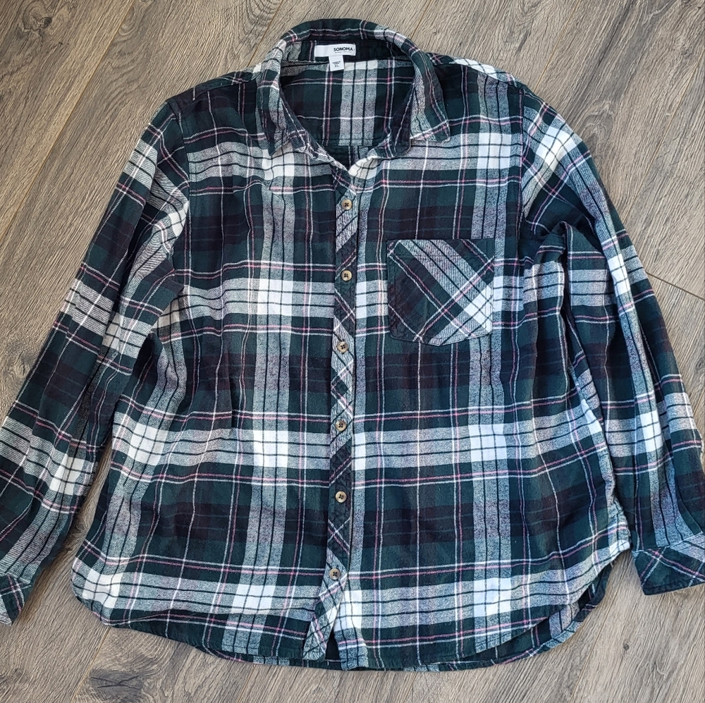 Sonoma Flannel Button Down Shirt Green Plaid {Large}